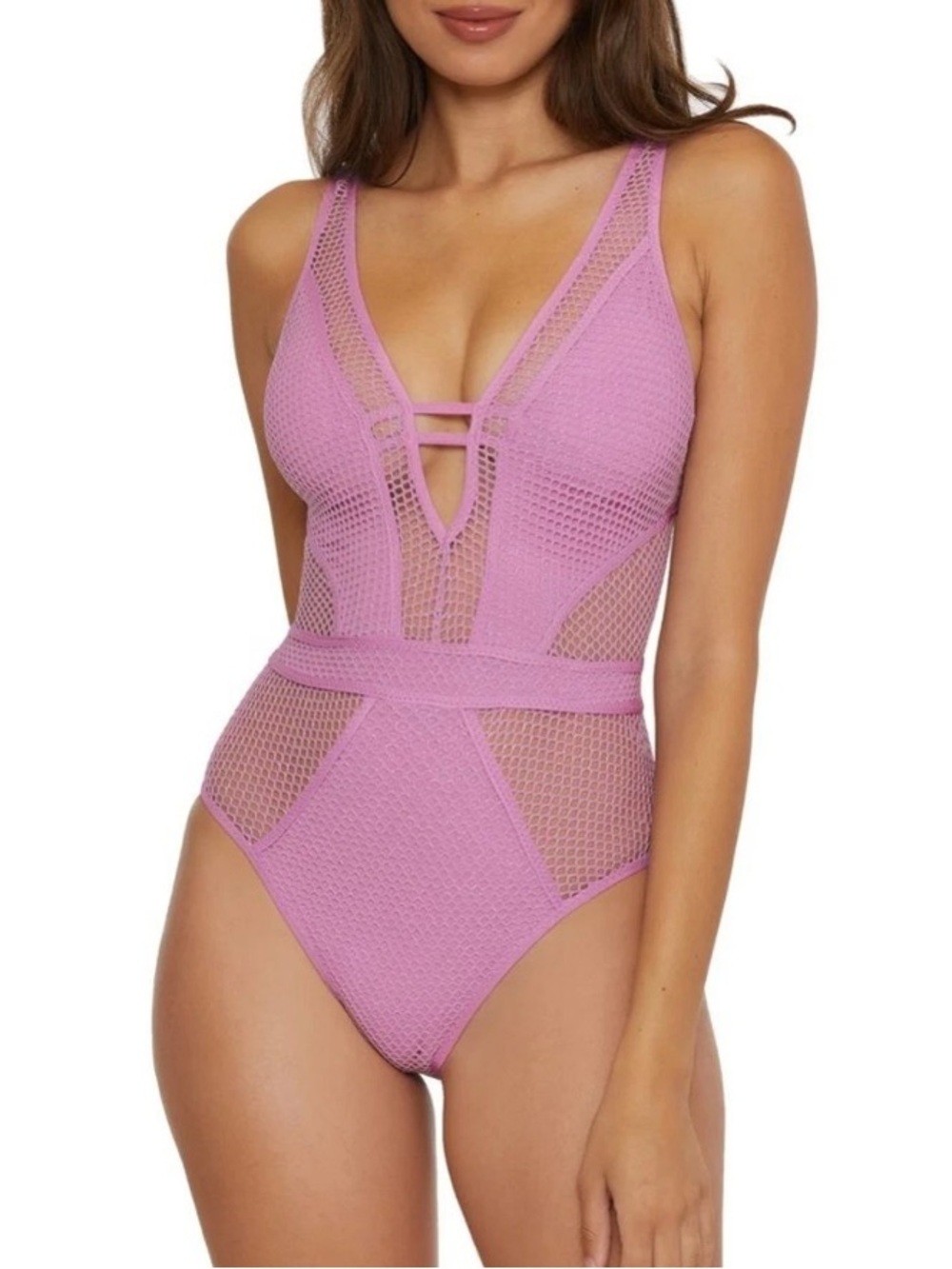 BECCA Show & Tell One Piece Swimsuit Malva Lilac Mesh Deep V Size M